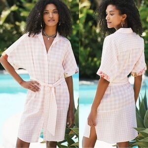 Maeve Anthropologie Felicia Midi Shirt Gingham Plaid Cotton Pink Dress Small NEW